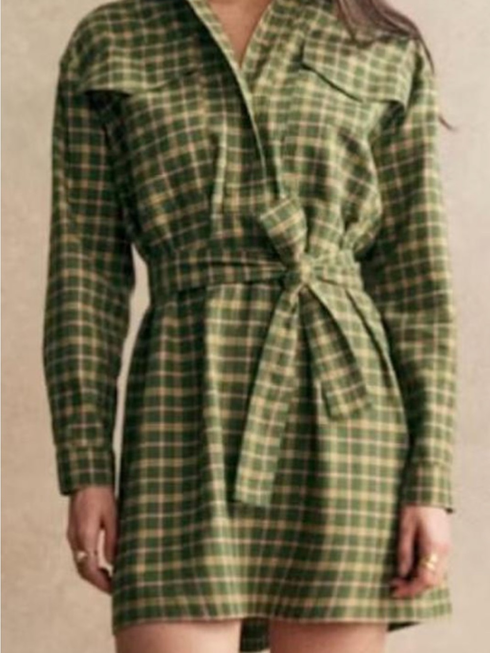 Sezane Sadie Green Plaid Long-Sleeve Shirt Dress